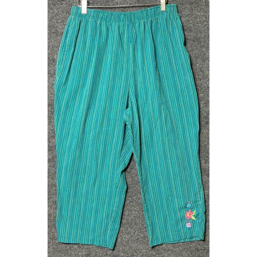 Napa Valley Womens 18W Capri Pants Teal Striped Floral Embroidered Elastic Waist